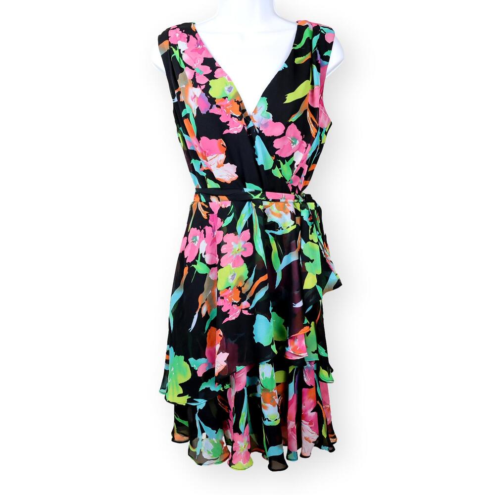 Tahari ASL Chiffon Floral V Neck Flutter Sleeve Ruffled Midi Dress Dress 6